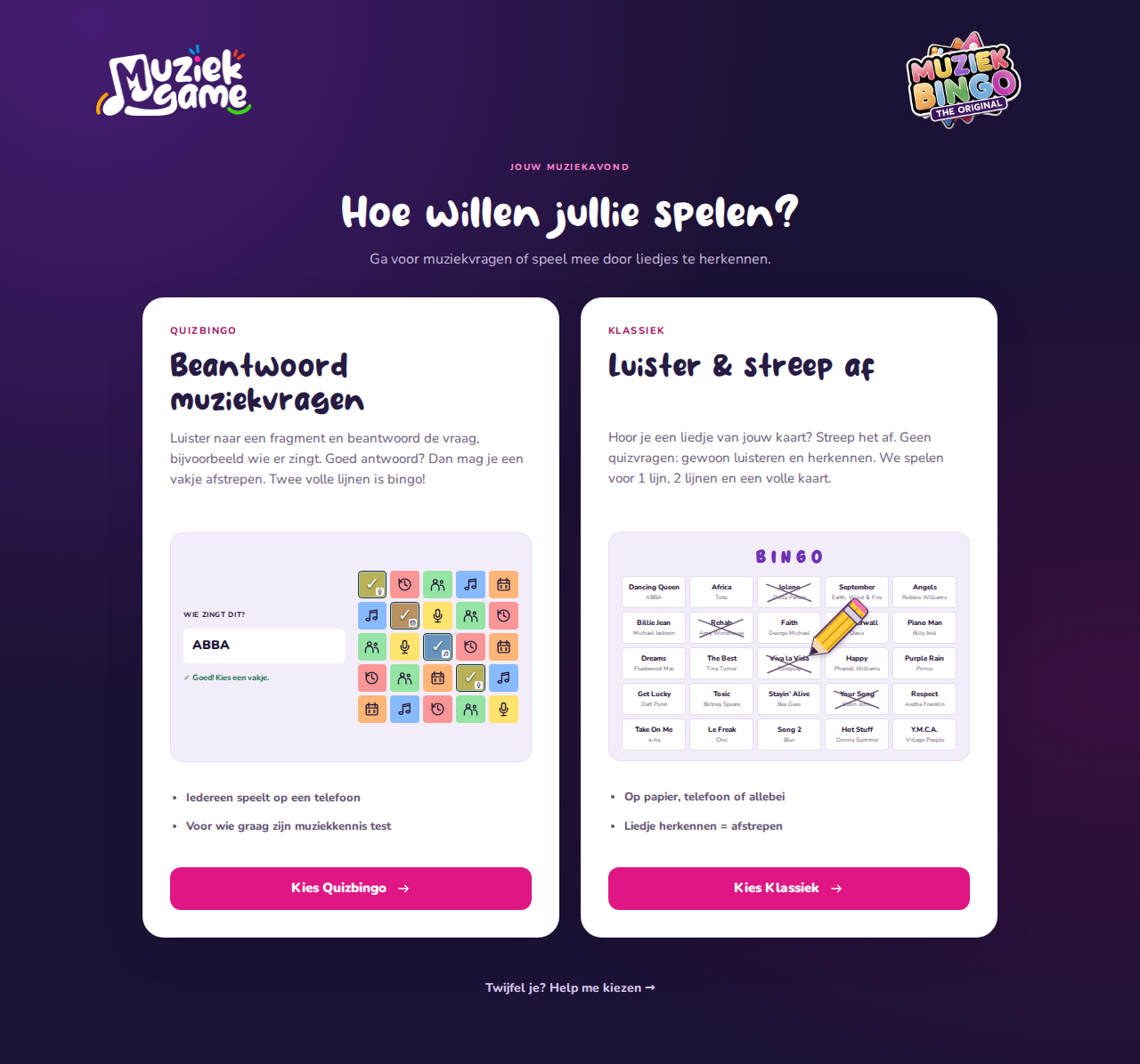 Echt scherm: kies Quizbingo of Klassiek